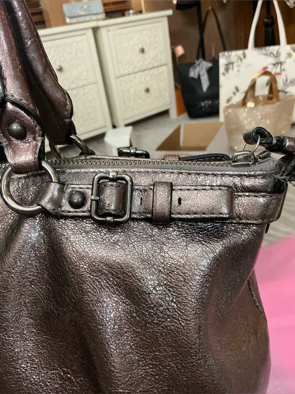 Coach Madison Metallic Bronze Leather Maggie Satchel Carryall Shoulder Bag